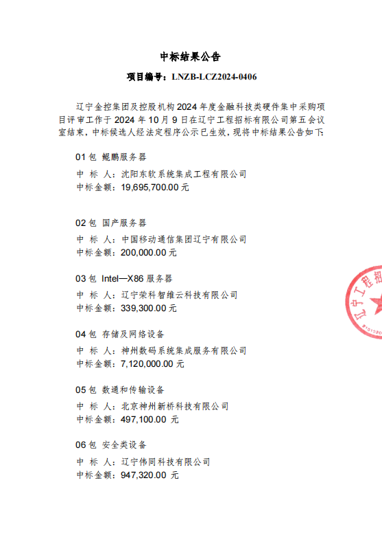 辽宁电子轮盘
及控股机构2024年度金融科技类硬件集中采购项目结果公告